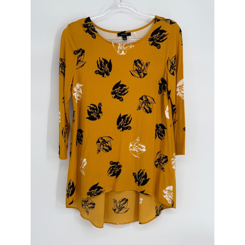 Alfani Womens Mustard Yellow Floral Long Sleeve High Low Pleated Back Tunic Sz S